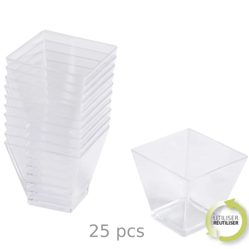 SET DE 25 VERRINES EN PLASTIQUE REUTILISABLE CARRE 60ML TRANSPARENT